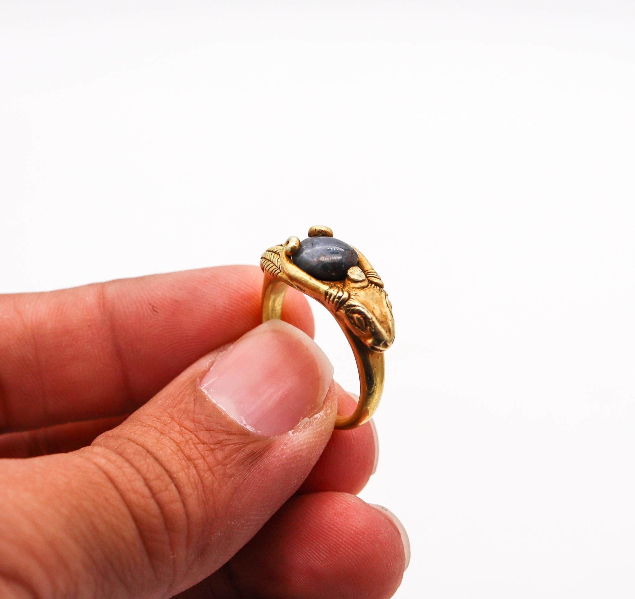 Cabochon Victorian 1860 Ancient Revival Ram Ring in Solid 22Kt Yellow Gold With Sapphire For Sale