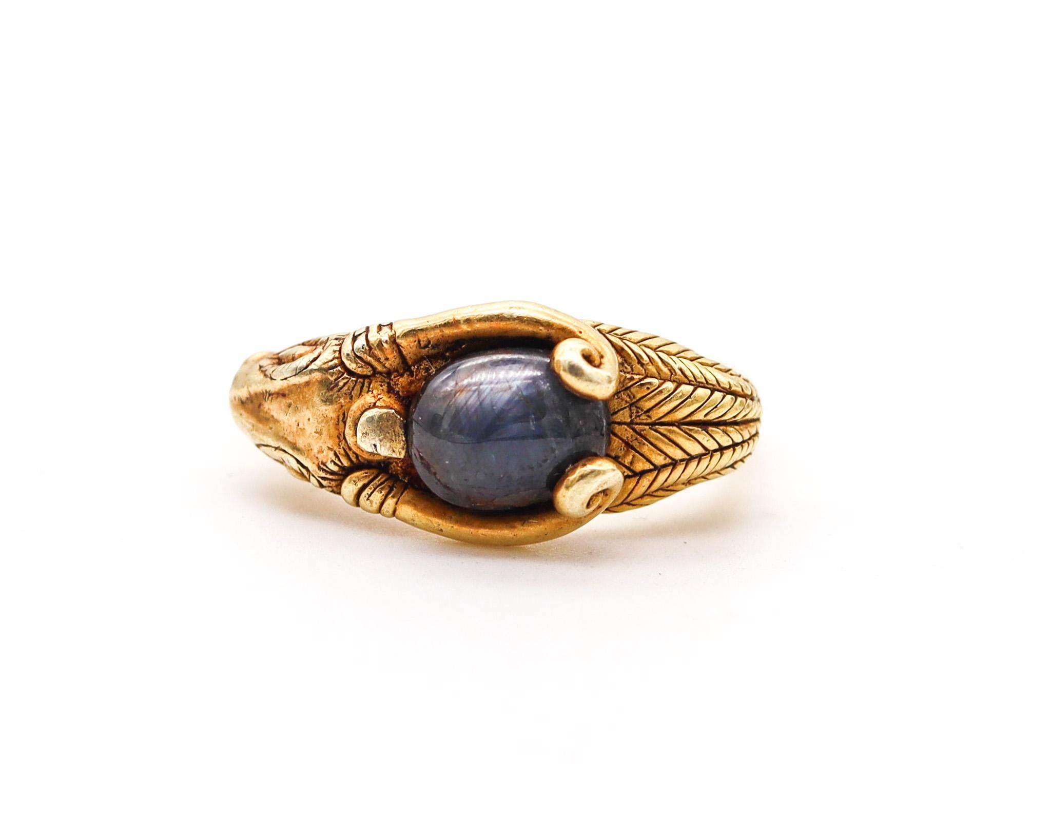 Women's or Men's Victorian 1860 Ancient Revival Ram Ring in Solid 22Kt Yellow Gold With Sapphire For Sale