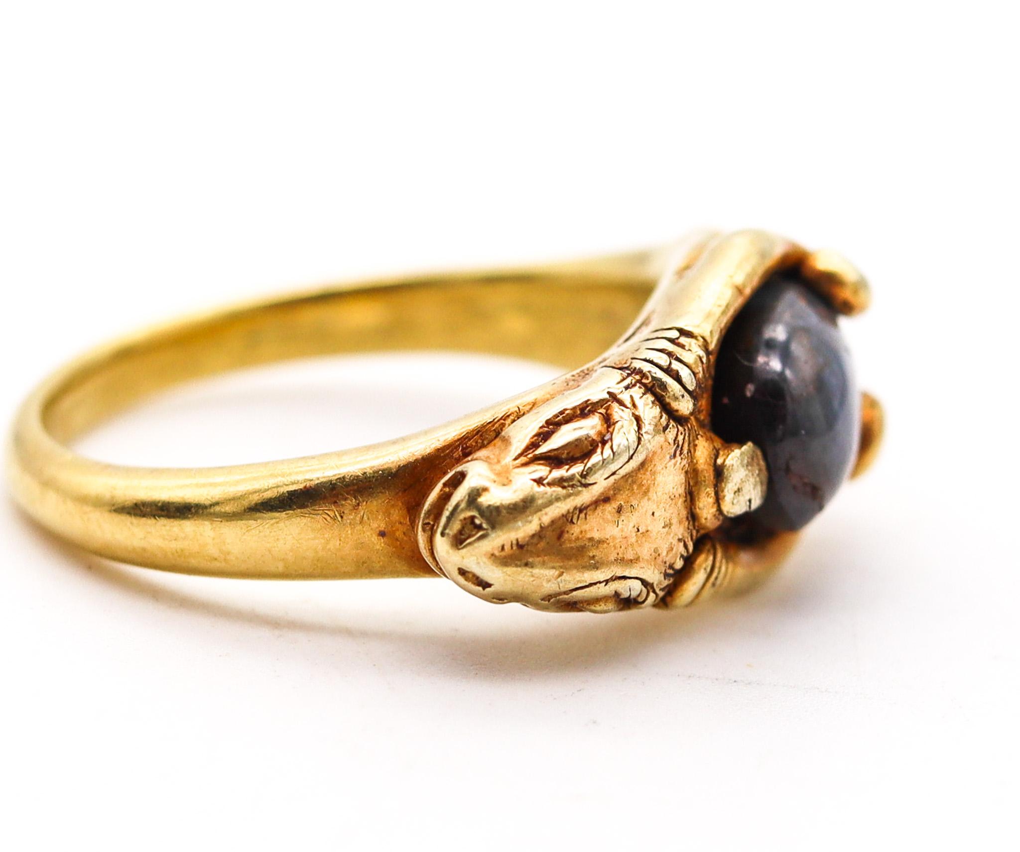 Victorian 1860 Ancient Revival Ram Ring in Solid 22Kt Yellow Gold With Sapphire For Sale 1