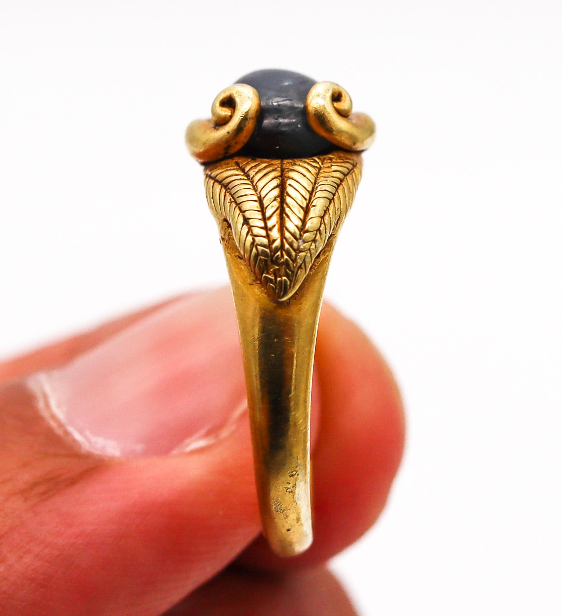 Victorian 1860 Ancient Revival Ram Ring in Solid 22Kt Yellow Gold With Sapphire For Sale 2
