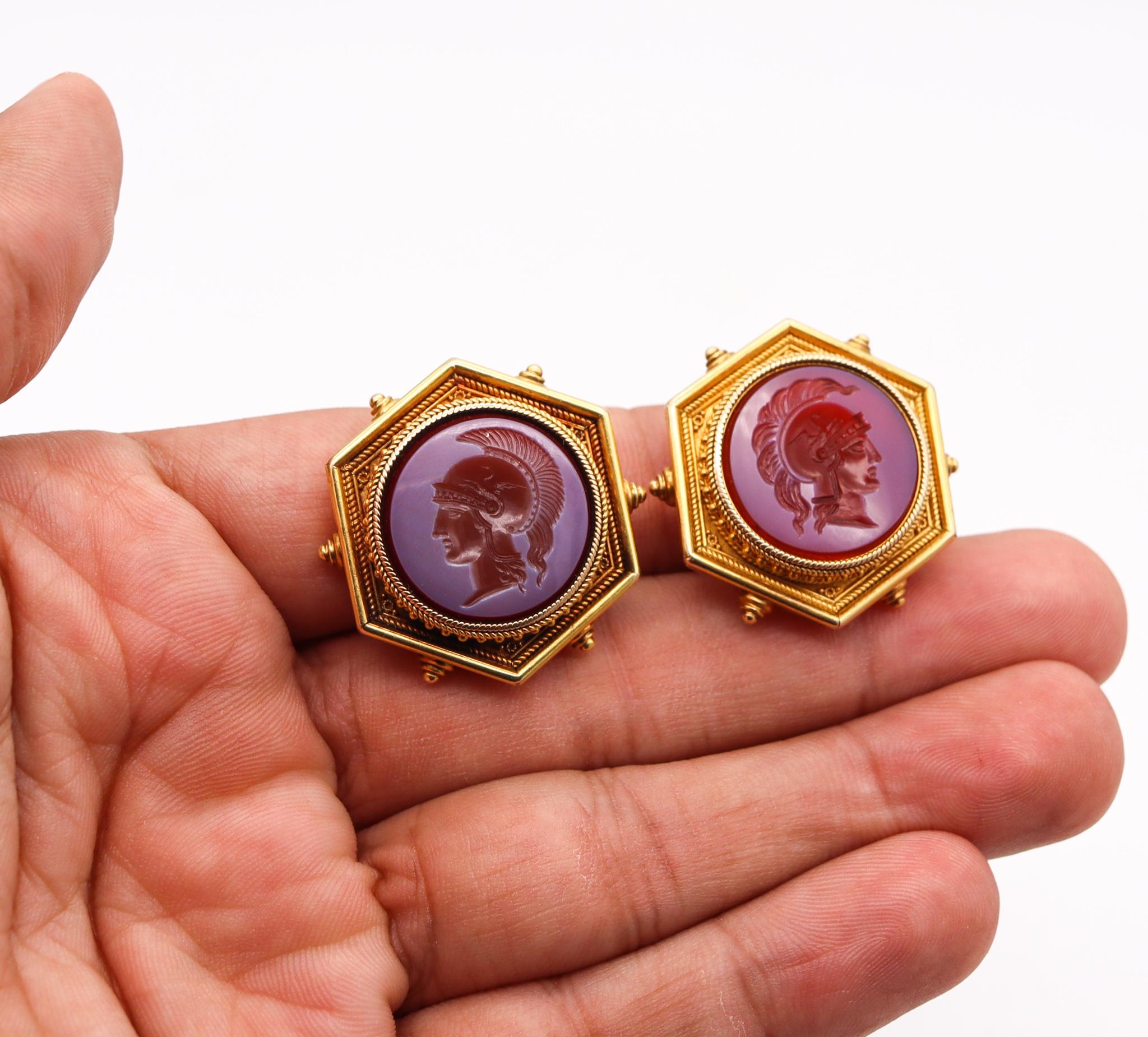 Victorian 1860 Etruscan Revival Earrings 18Kt Gold with Carved Agates Intaglios For Sale 1