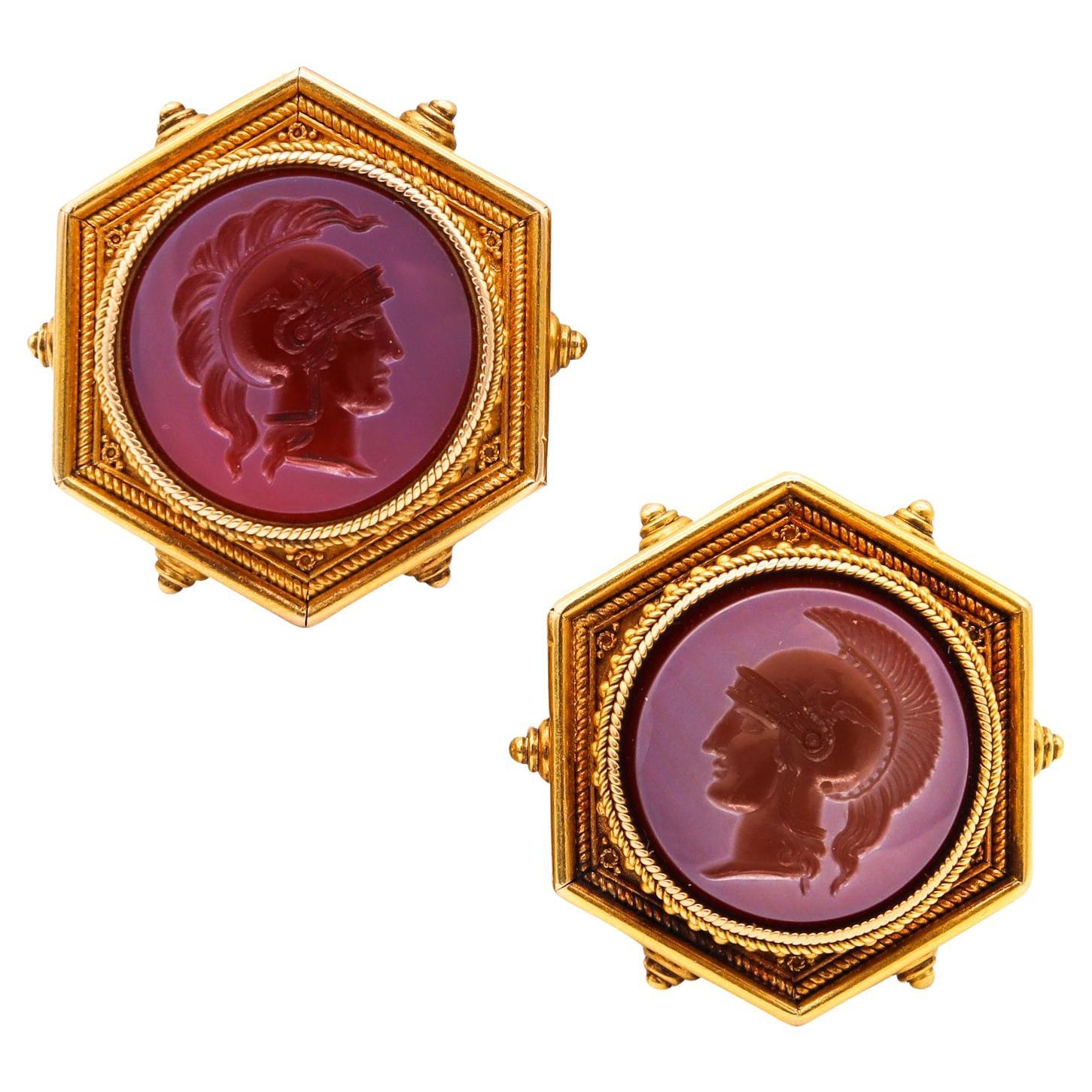 Victorian 1860 Etruscan Revival Earrings 18Kt Gold with Carved Agates Intaglios For Sale