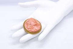 Victorian 1860 Etruscan Revival Pendant Brooch in 18k Gold with Coral Carving