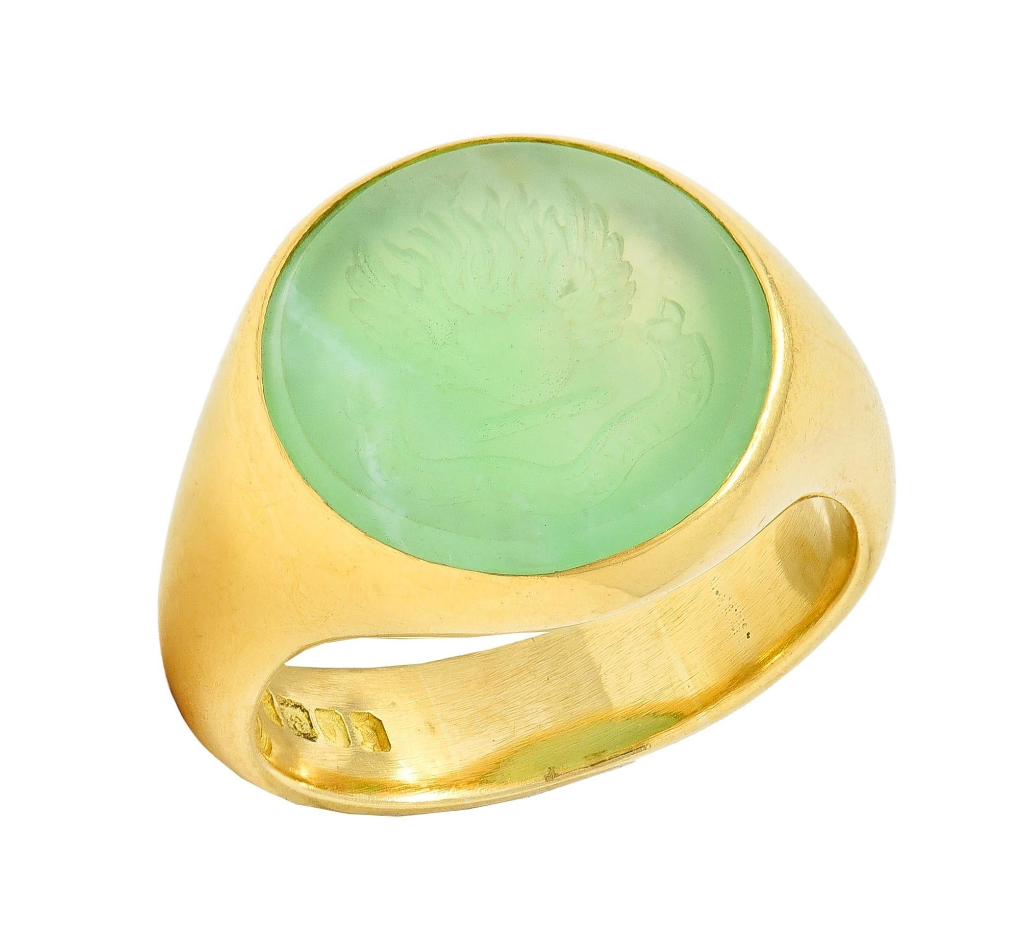 Victorian 1860 Green Chalcedony 18K Gold Antique Heraldry Intaglio Signet Ring For Sale 5