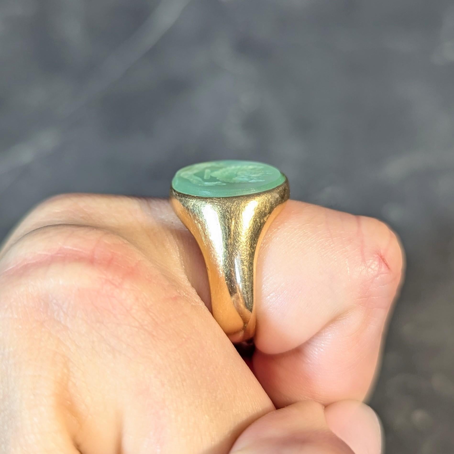 Victorian 1860 Green Chalcedony 18K Gold Antique Heraldry Intaglio Signet Ring For Sale 6