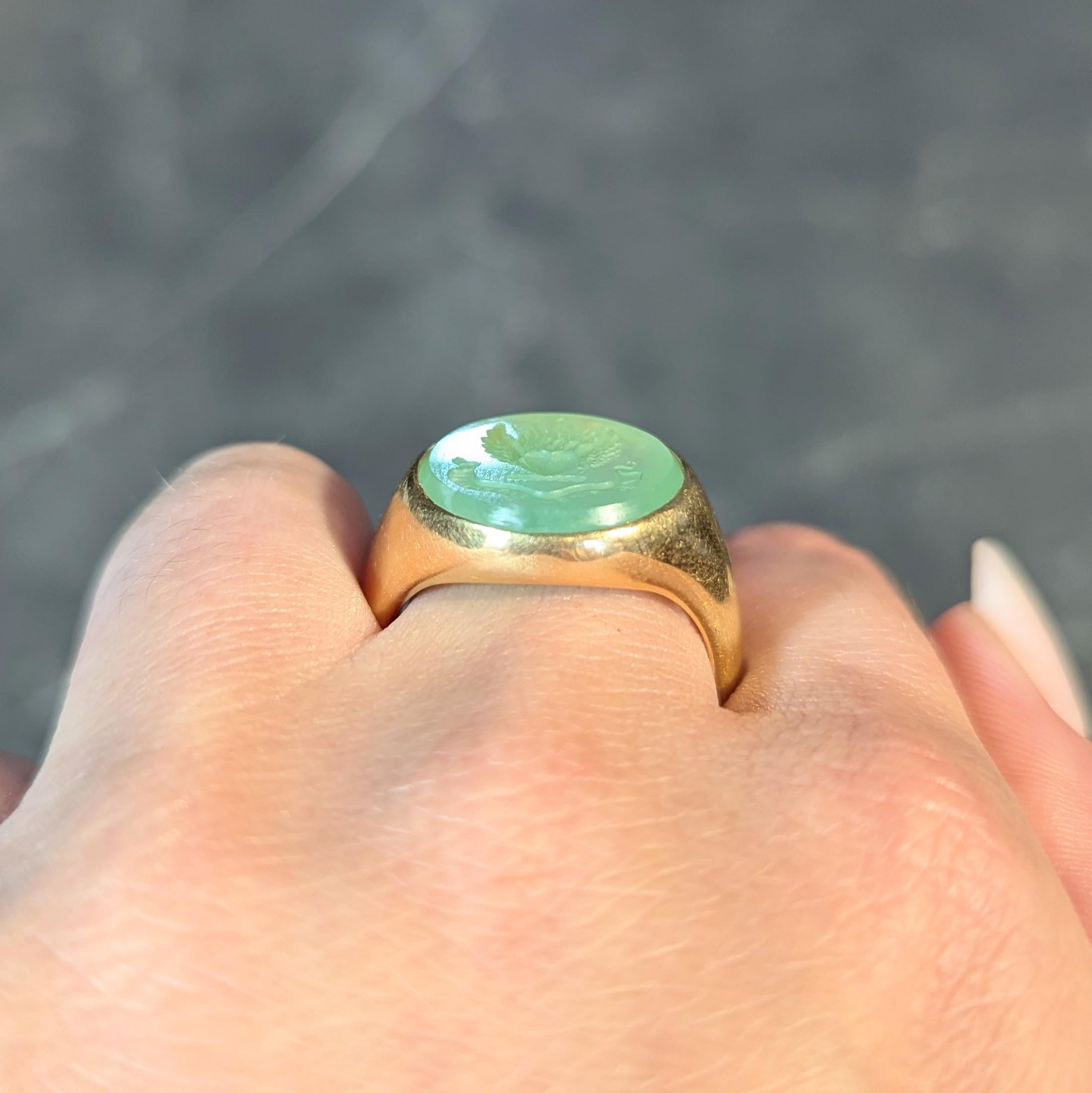 Victorian 1860 Green Chalcedony 18K Gold Antique Heraldry Intaglio Signet Ring For Sale 7