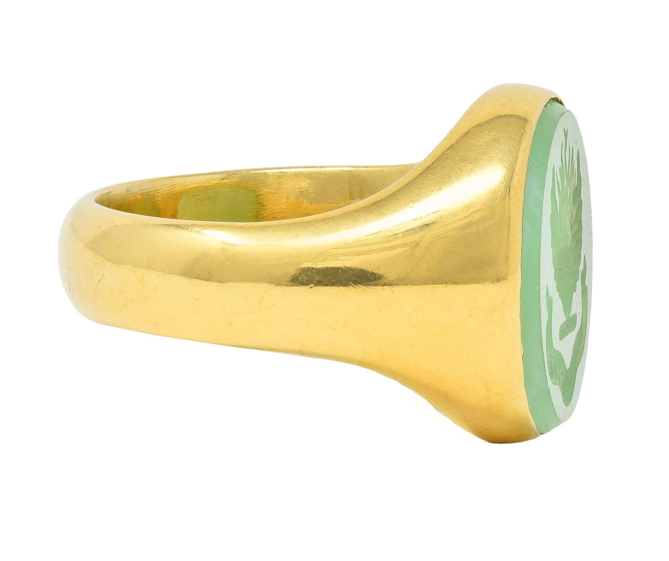 Cabochon Victorian 1860 Green Chalcedony 18K Gold Antique Heraldry Intaglio Signet Ring For Sale