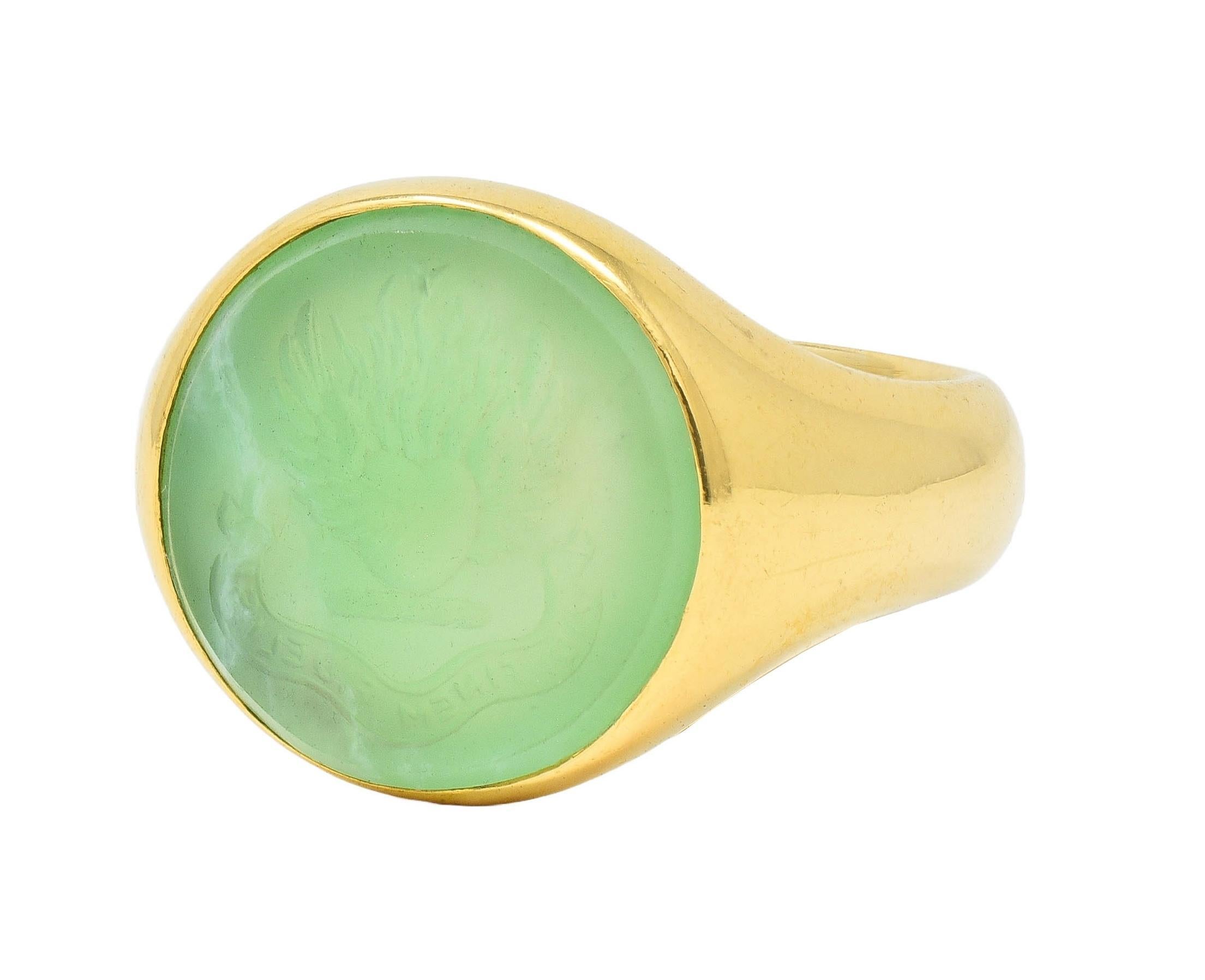 Victorian 1860 Green Chalcedony 18K Gold Antique Heraldry Intaglio Signet Ring For Sale 1