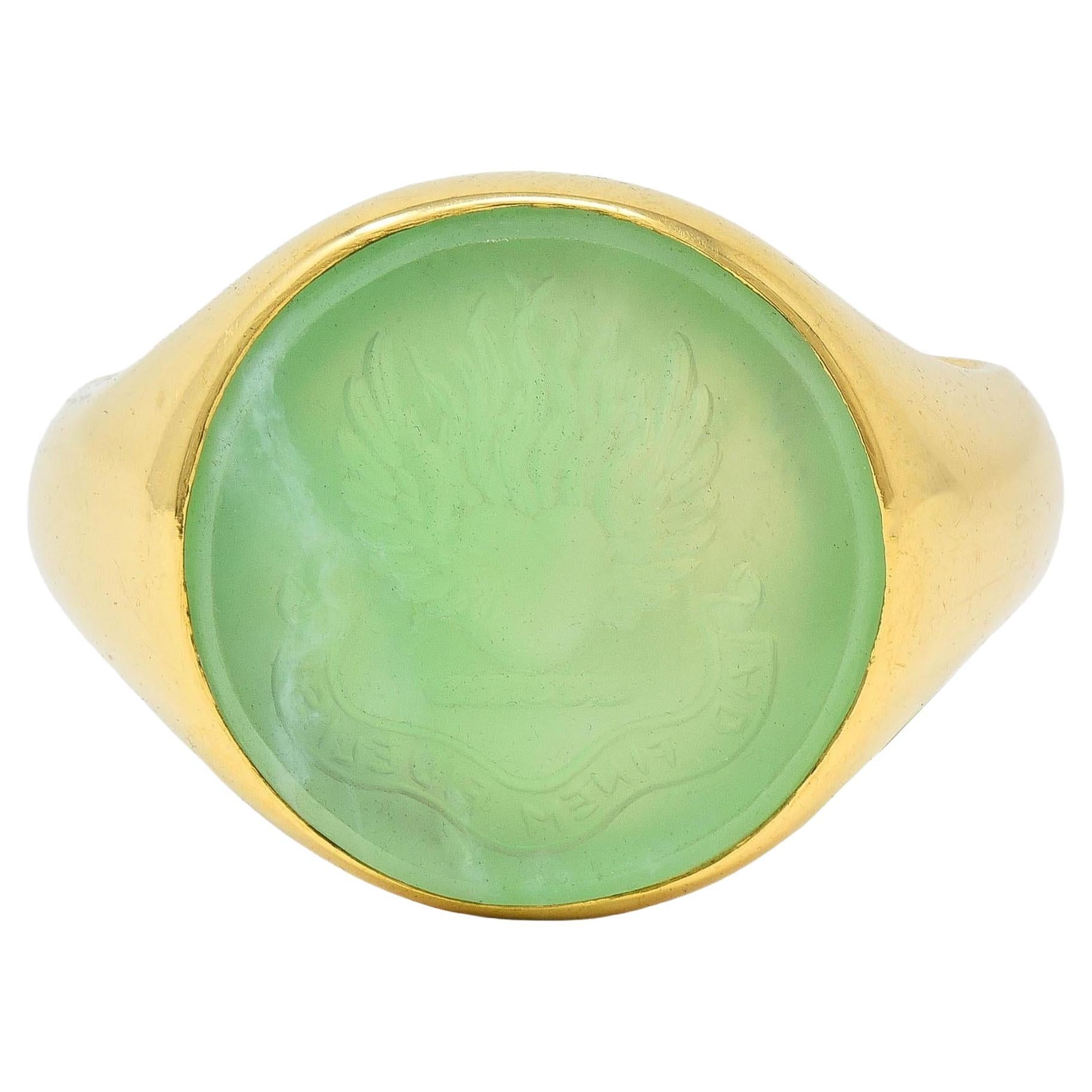 Victorian 1860 Green Chalcedony 18K Gold Antique Heraldry Intaglio Signet Ring