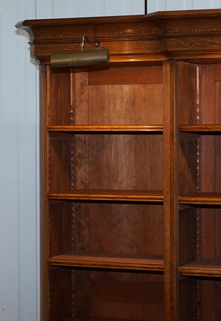 Victorian 1860 Oak Breakfront Library Open Bookcase Adjustable Shelves