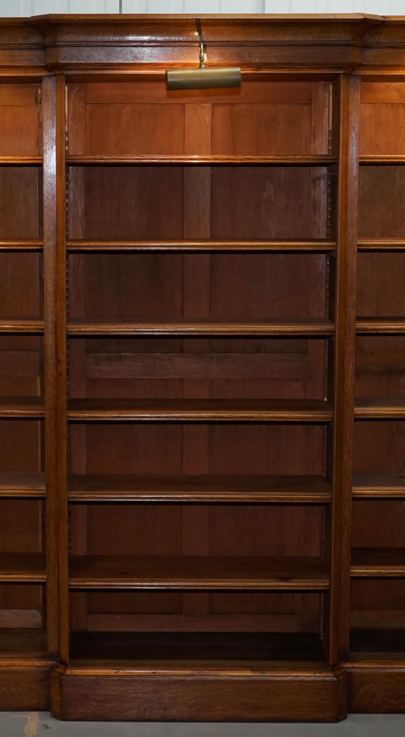English Victorian 1860 Oak Breakfront Library Open Bookcase Adjustable Shelves & Lights