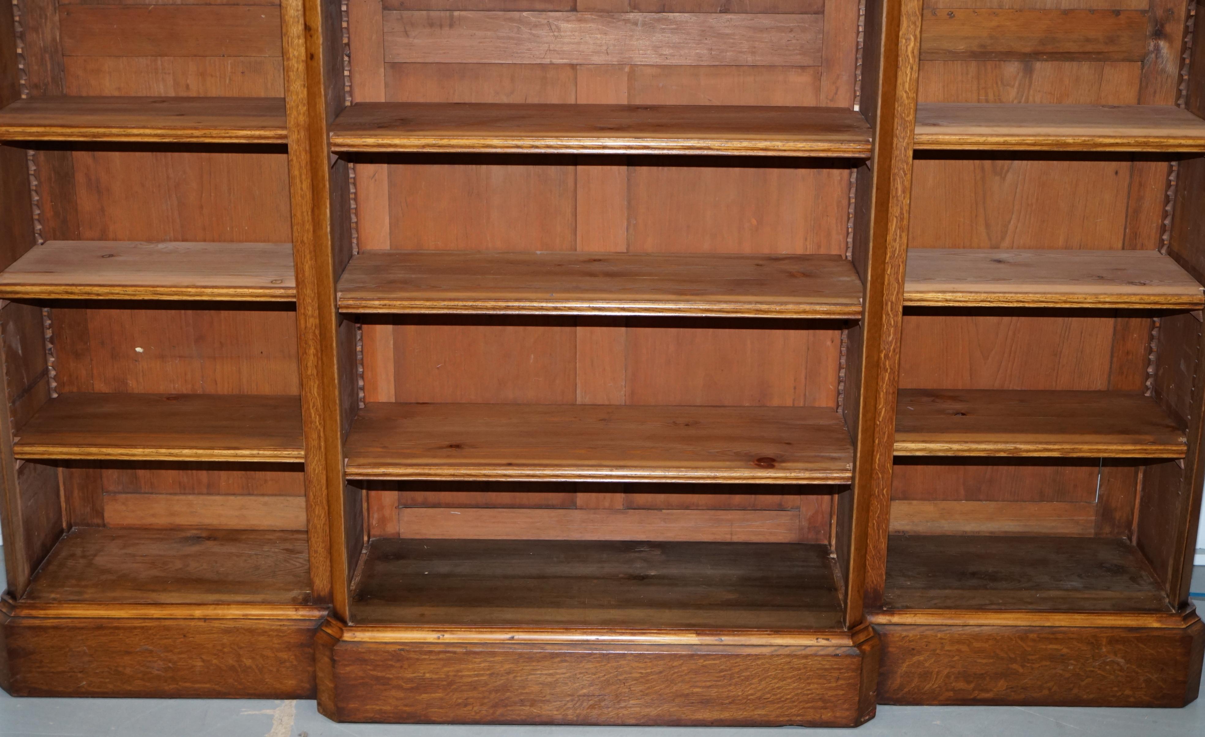 Victorian 1860 Oak Breakfront Library Open Bookcase Adjustable Shelves & Lights 1