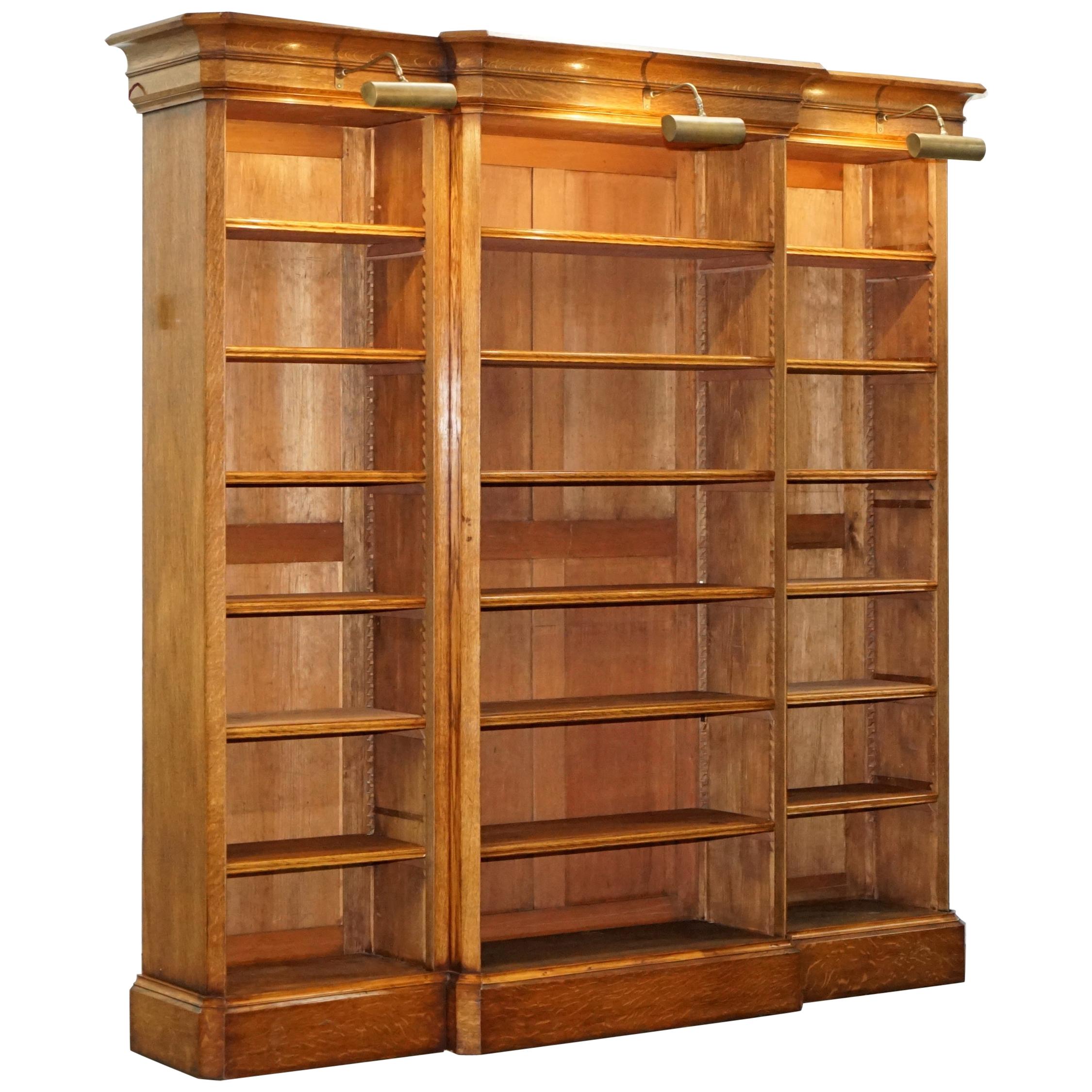 Victorian 1860 Oak Breakfront Library Open Bookcase Adjustable Shelves & Lights