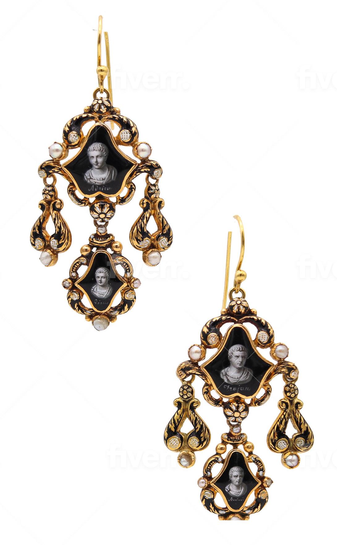 Exceptional Victorian Roman Revival earrings.

Very rare and highly decorated dangle drops earrings, created in Rome Italy during the Victorian and Grand Tour Era (1837-1901), circa 1850-1860. These fabulous dangle earrings has been carefully