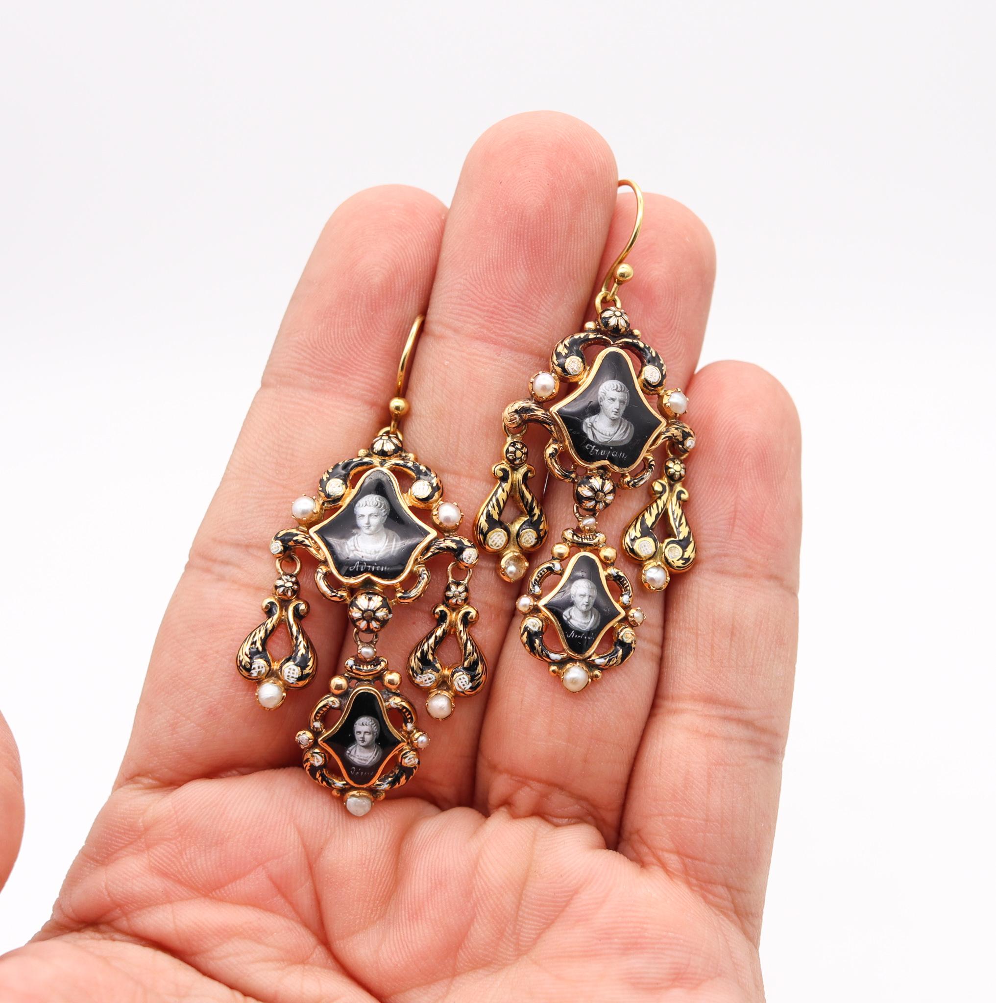 Victorian 1860 Roman Revival Dangle Earrings In 18Kt Gold With Enameled Emperors 1