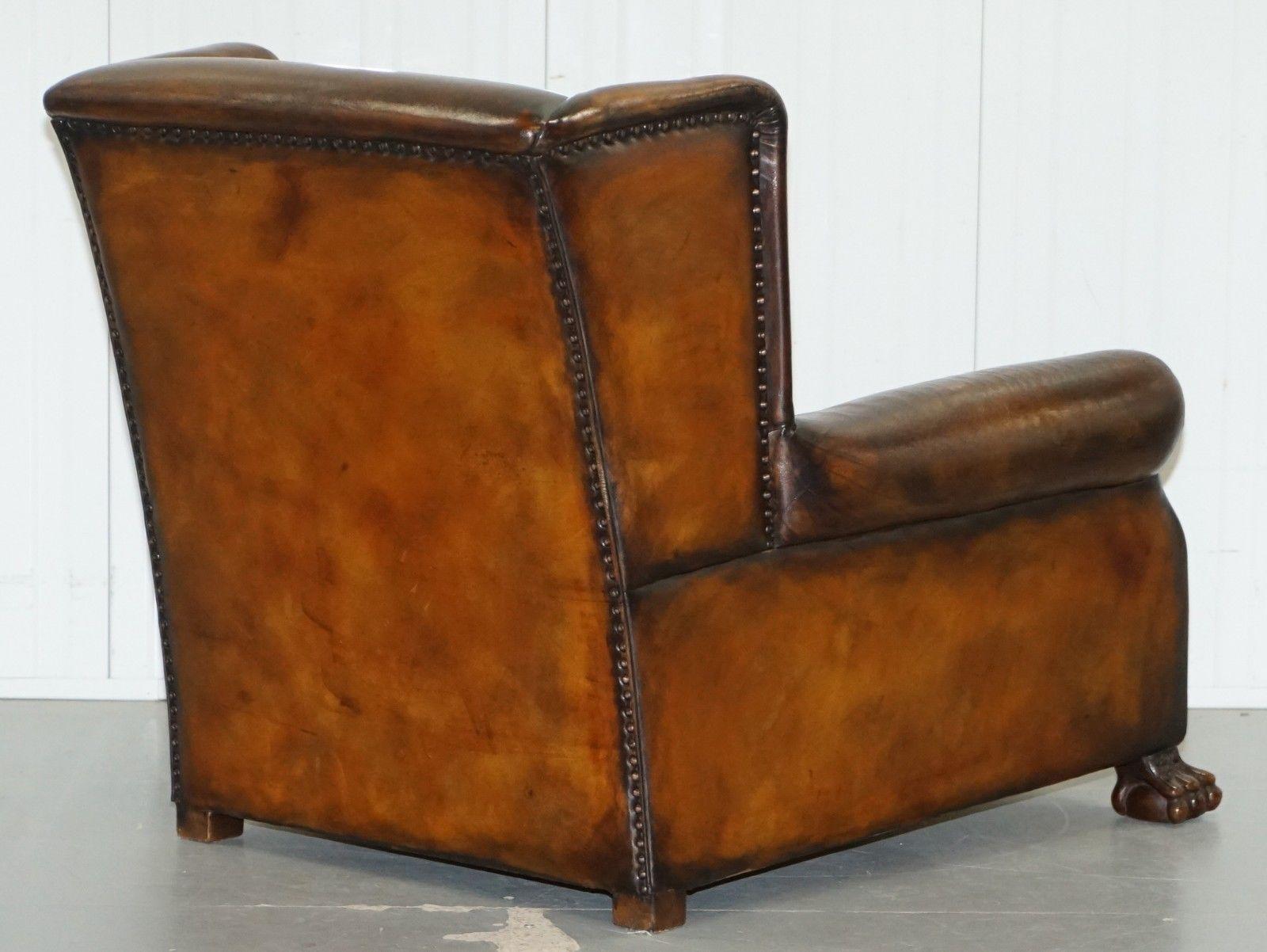 Victorian 1860 Sprung Lounge Wingback Brown Leather Armchair Lion Hairy Paw Feet 3