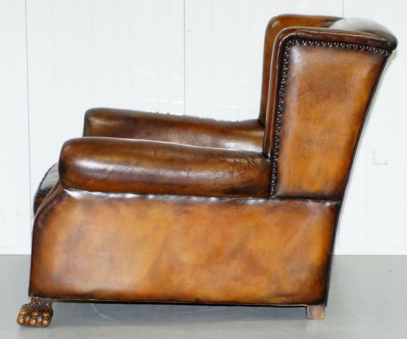 Victorian 1860 Sprung Lounge Wingback Brown Leather Armchair Lion Hairy Paw Feet 7