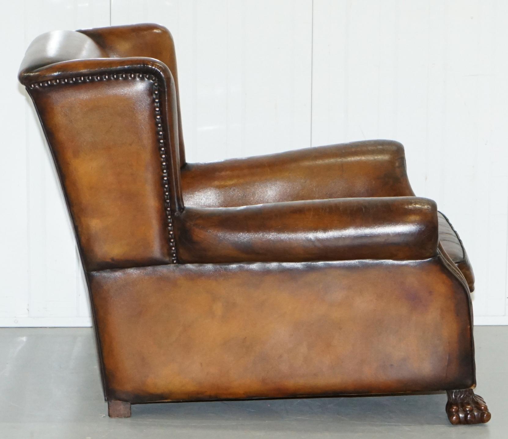 Victorian 1860 Sprung Lounge Wingback Brown Leather Armchair Lion Hairy Paw Feet 9