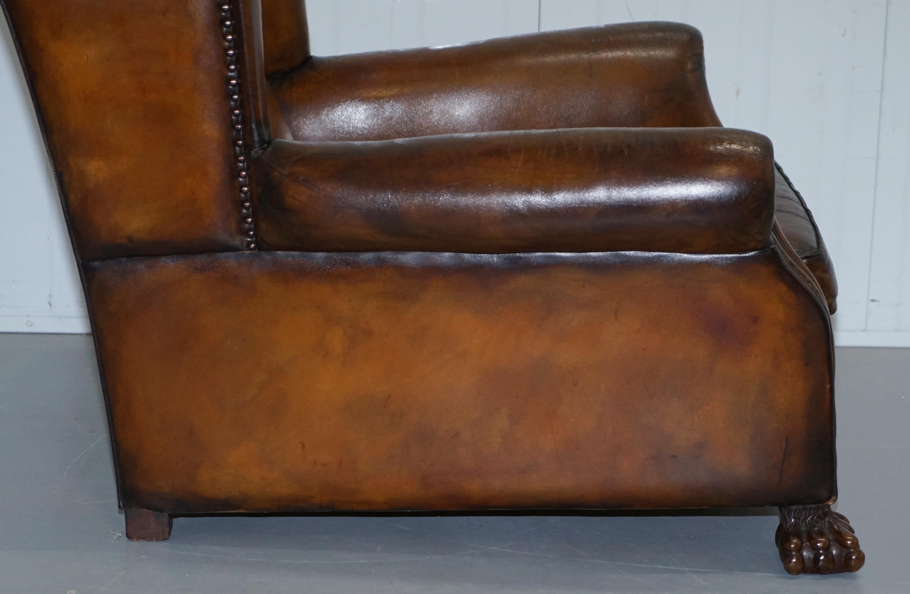 Victorian 1860 Sprung Lounge Wingback Brown Leather Armchair Lion Hairy Paw Feet 10