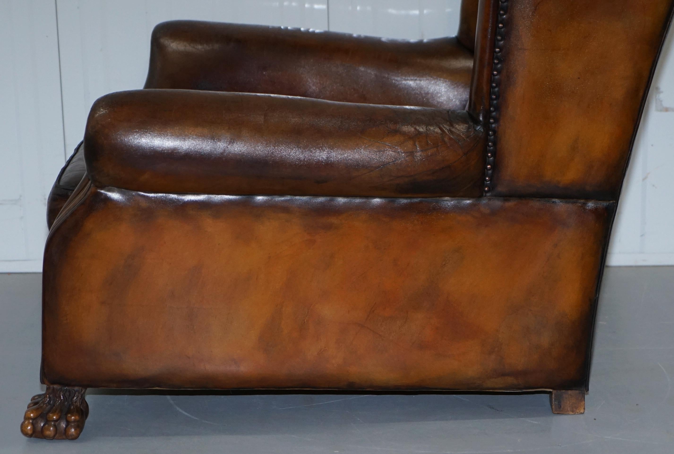 Victorian 1860 Sprung Lounge Wingback Brown Leather Armchair Lion Hairy Paw Feet 14