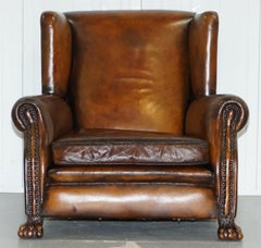 Victorian 1860 Sprung Lounge Wingback Brown Leather Armchair Lion Hairy Paw Feet