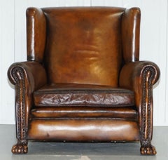 Victorian 1860 Sprung Lounge Wingback Brown Leather Armchair Lion Hairy Paw Feet