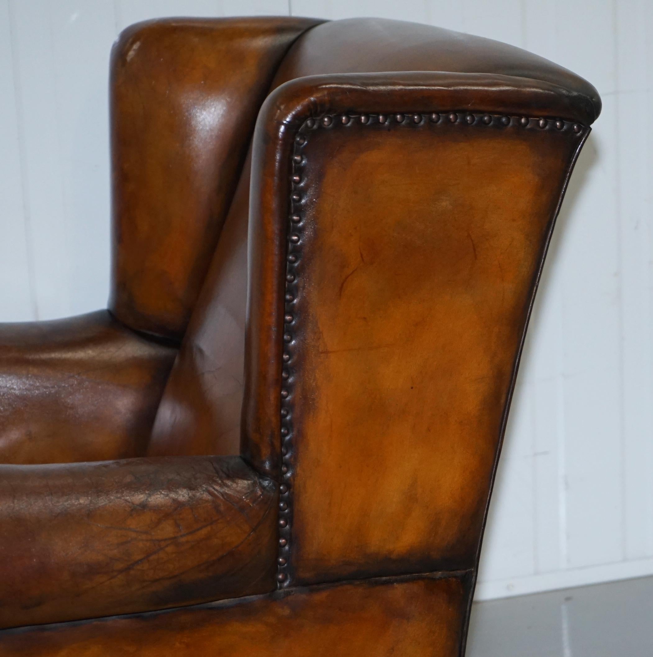 Victorian 1860 Sprung Lounge Wingback Brown Leather Armchair Lion Hairy Paw Feet 15