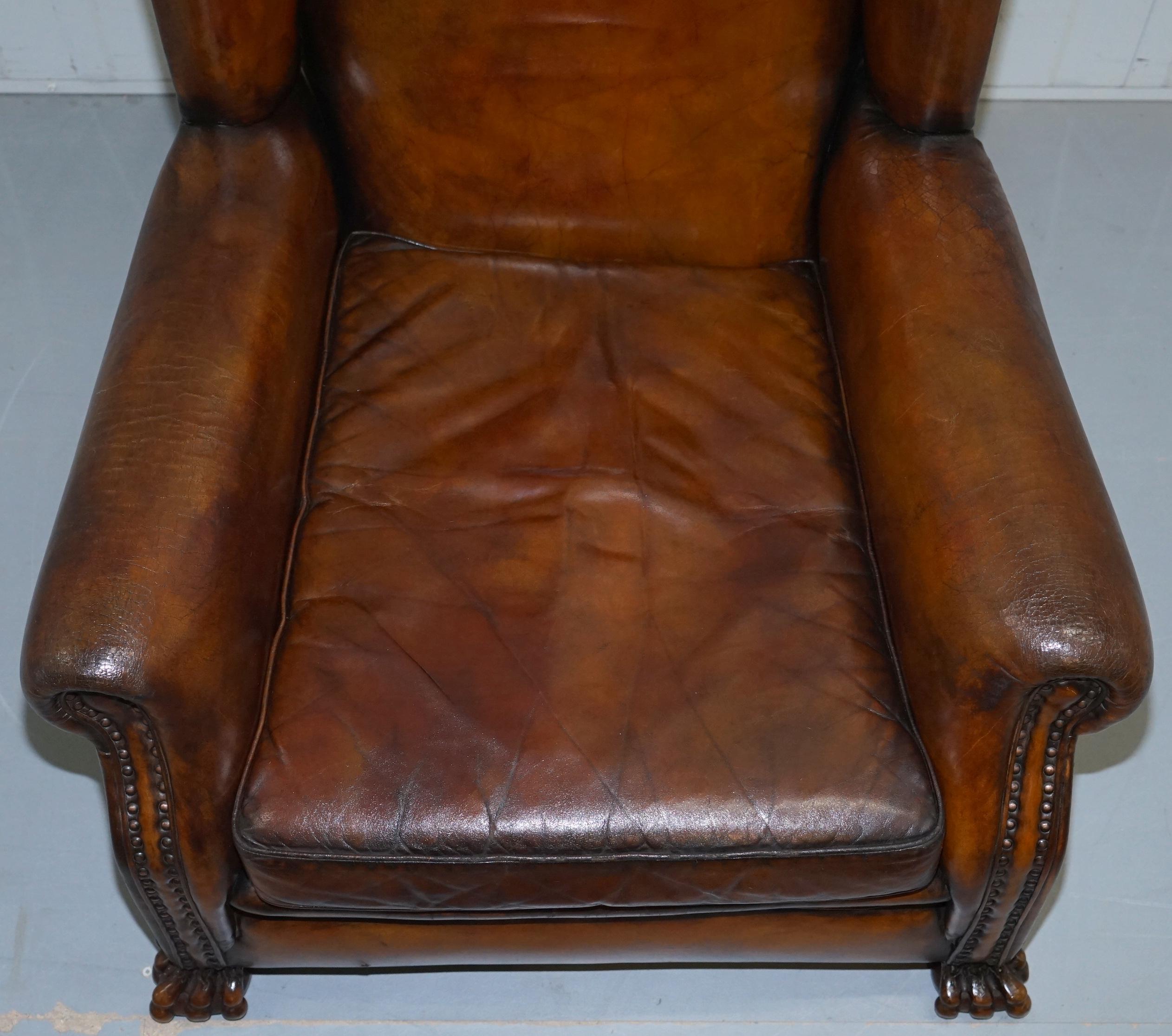English Victorian 1860 Sprung Lounge Wingback Brown Leather Armchair Lion Hairy Paw Feet