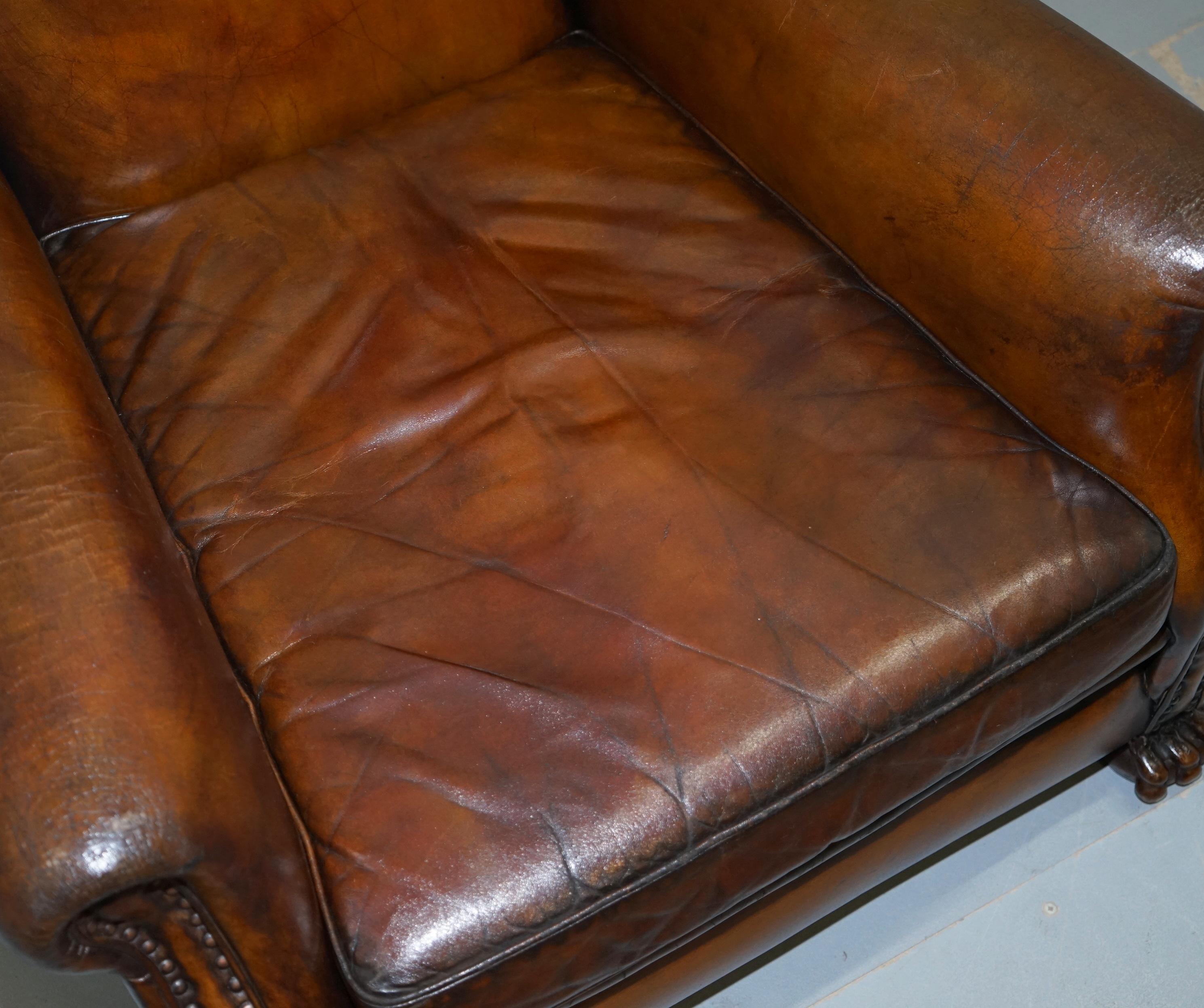 Hand-Carved Victorian 1860 Sprung Lounge Wingback Brown Leather Armchair Lion Hairy Paw Feet