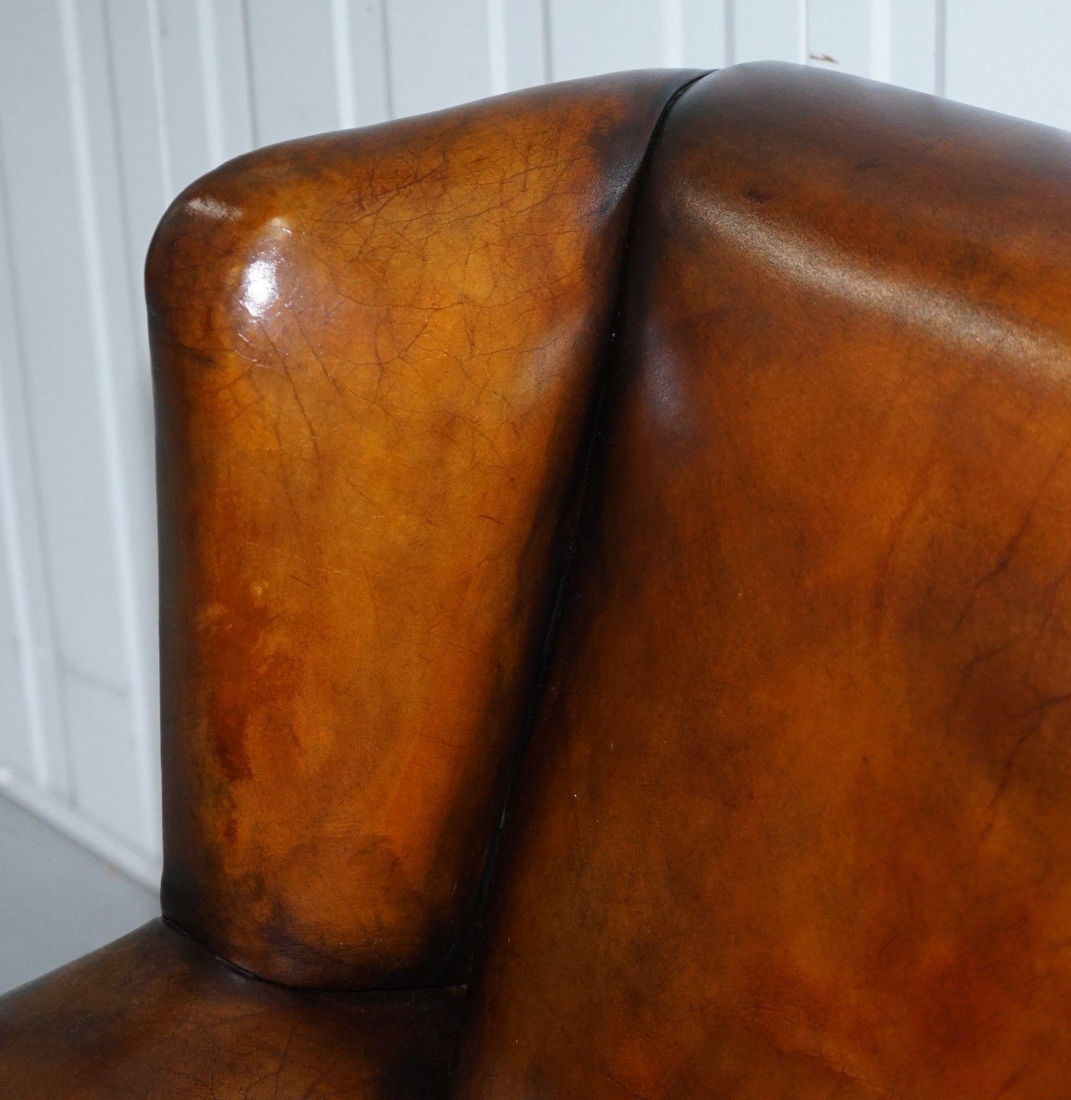Mid-19th Century Victorian 1860 Sprung Lounge Wingback Brown Leather Armchair Lion Hairy Paw Feet