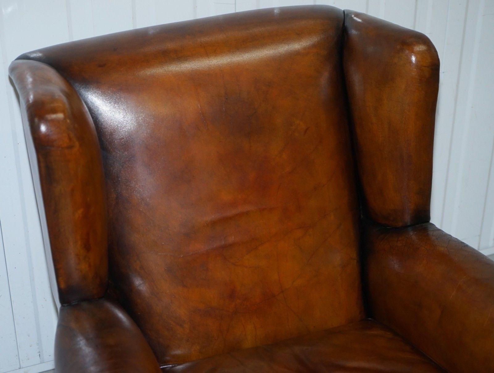 Victorian 1860 Sprung Lounge Wingback Brown Leather Armchair Lion Hairy Paw Feet 1