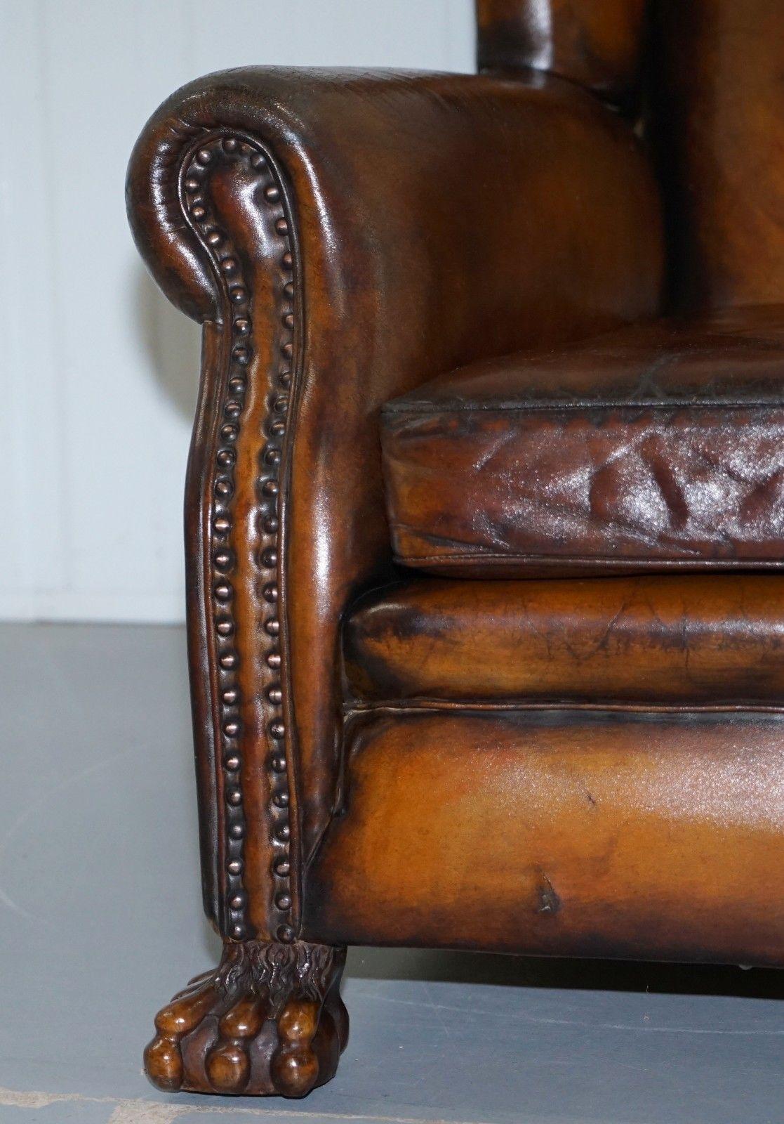 Victorian 1860 Sprung Lounge Wingback Brown Leather Armchair Lion Hairy Paw Feet 2