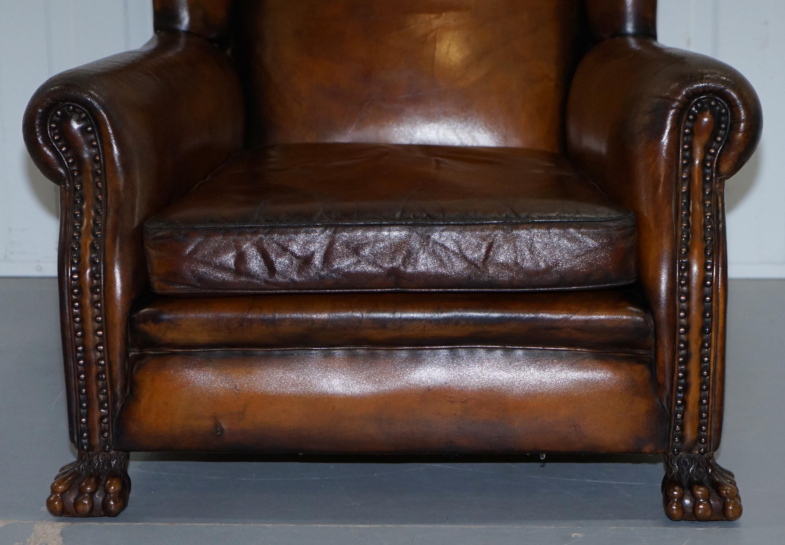 Victorian 1860 Sprung Lounge Wingback Brown Leather Armchair Lion Hairy Paw Feet 4