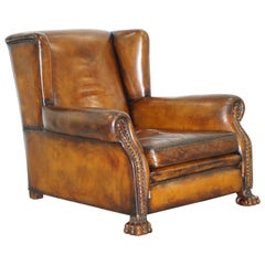Victorian 1860 Sprung Lounge Wingback Brown Leather Armchair Lion Hairy Paw Feet