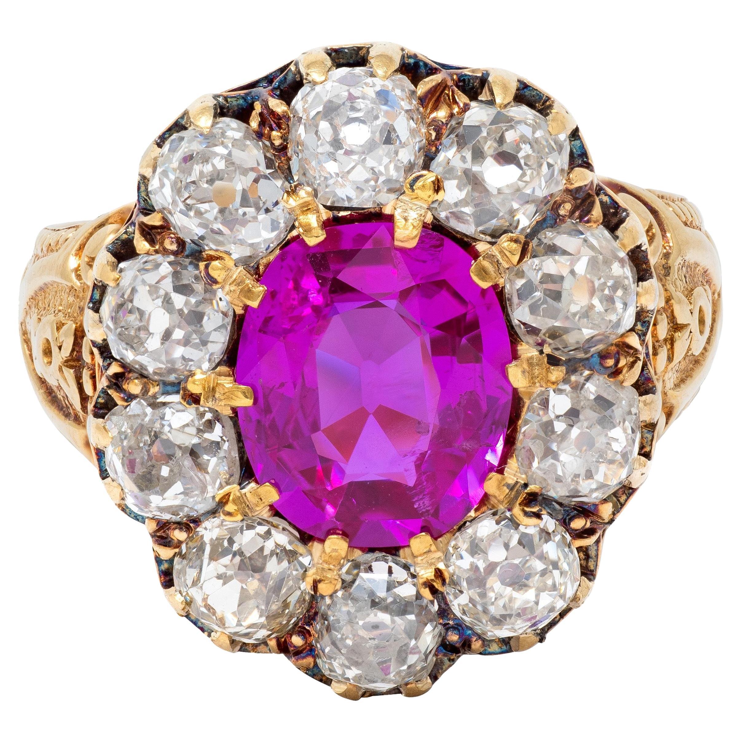 Victorien 1863 No Heat Burma Pink Sapphire Diamond Or 18K Antique Halo Ring