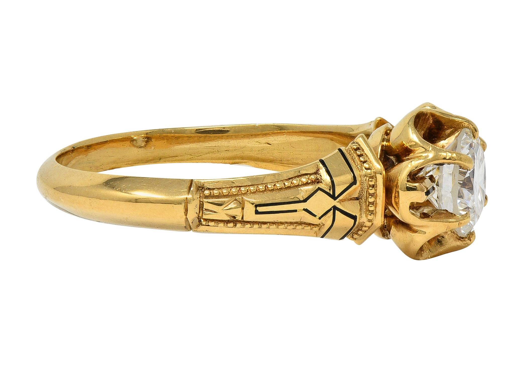 Old European Cut Victorian 1866 0.76 CTW Diamond Enamel 18K Gold Antique Belcher Engagement Ring For Sale