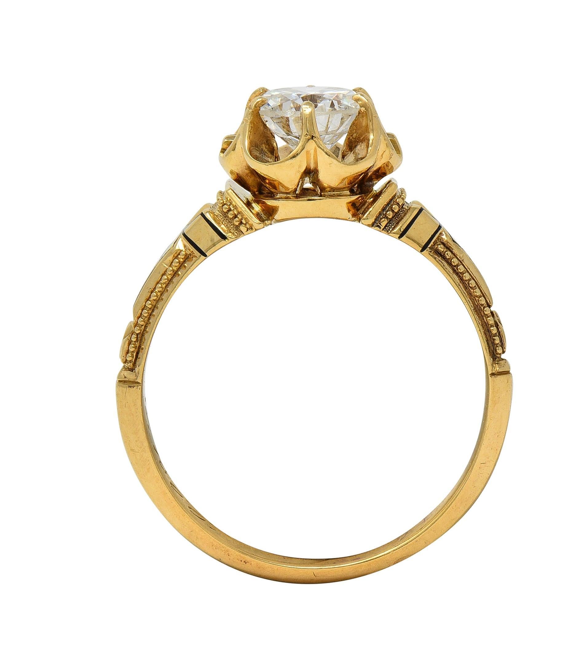 Victorian 1866 0.76 CTW Diamond Enamel 18K Gold Antique Belcher Engagement Ring In Excellent Condition For Sale In Philadelphia, PA