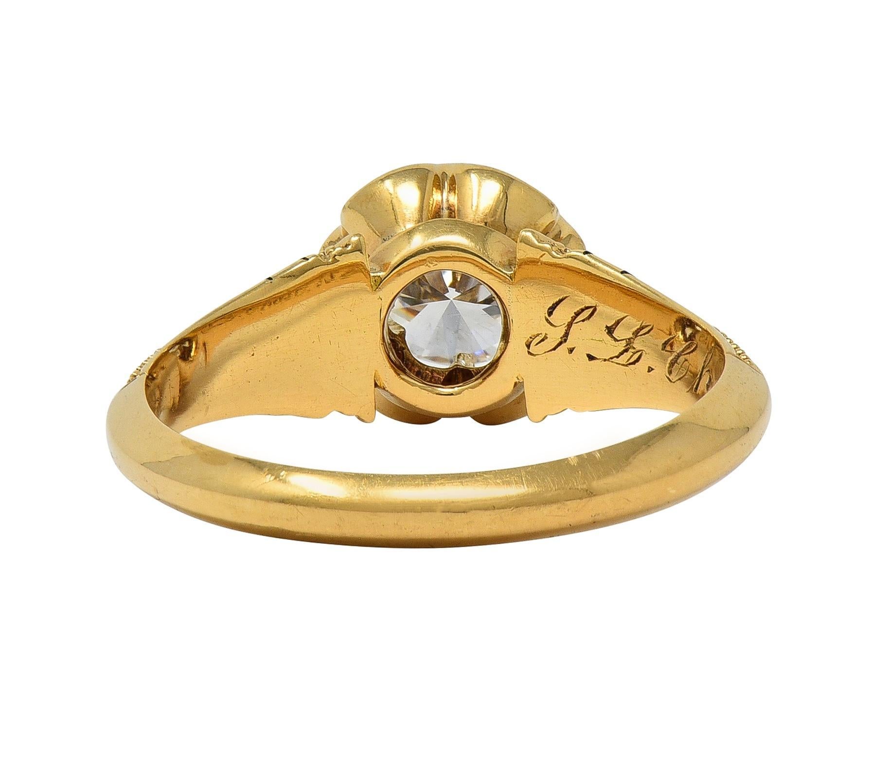 Women's or Men's Victorian 1866 0.76 CTW Diamond Enamel 18K Gold Antique Belcher Engagement Ring For Sale