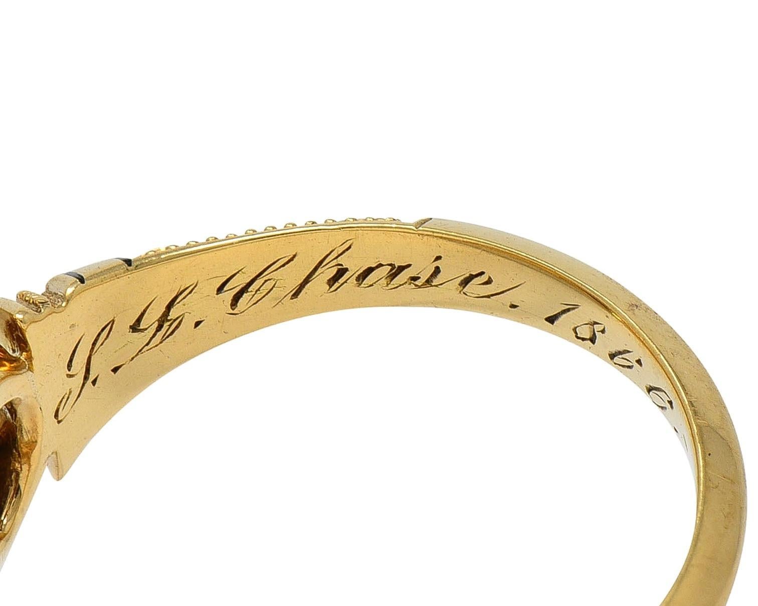 Victorian 1866 0.76 CTW Diamond Enamel 18K Gold Antique Belcher Engagement Ring For Sale 2