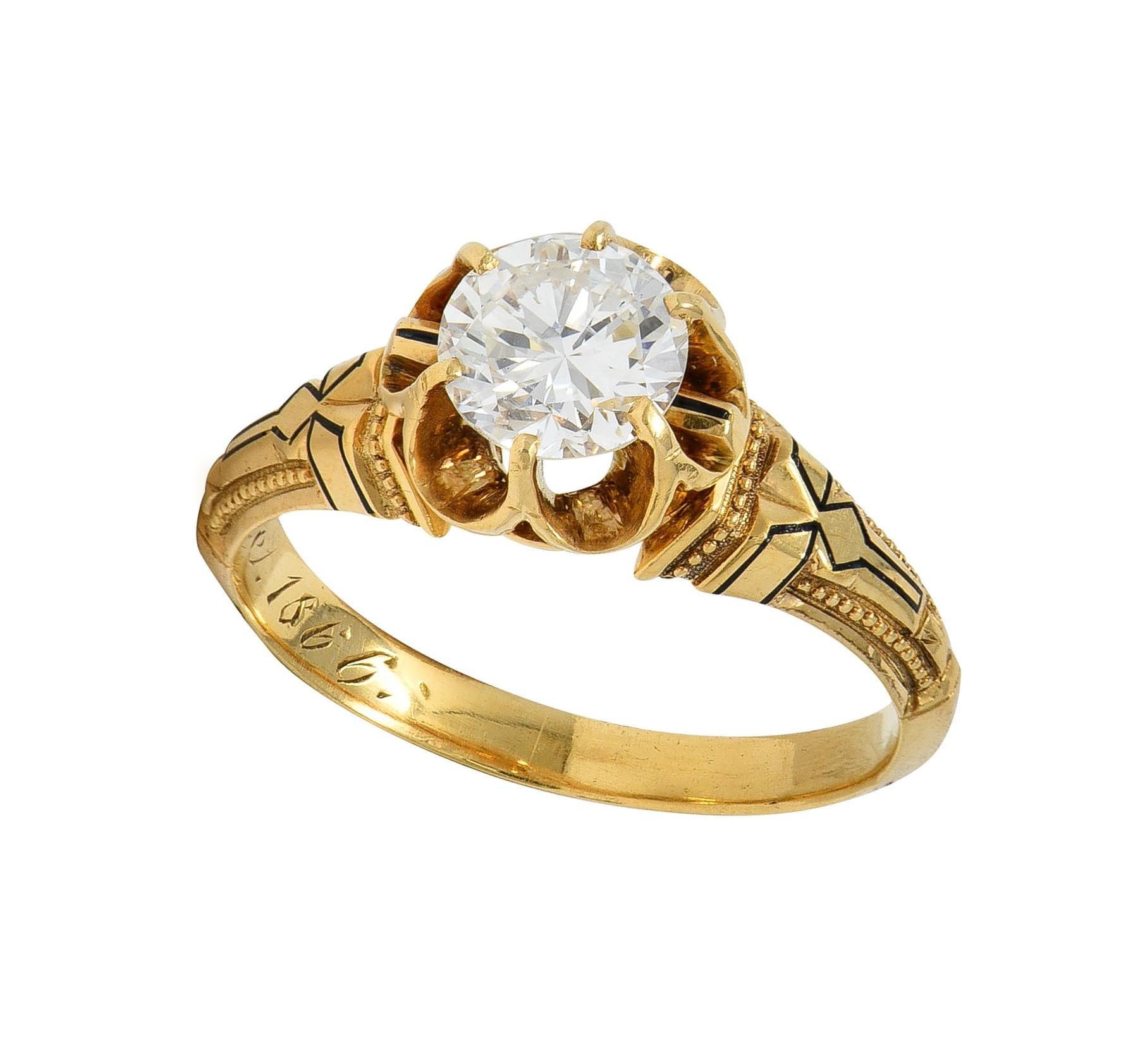 Victorian 1866 0.76 CTW Diamond Enamel 18K Gold Antique Belcher Engagement Ring For Sale 3