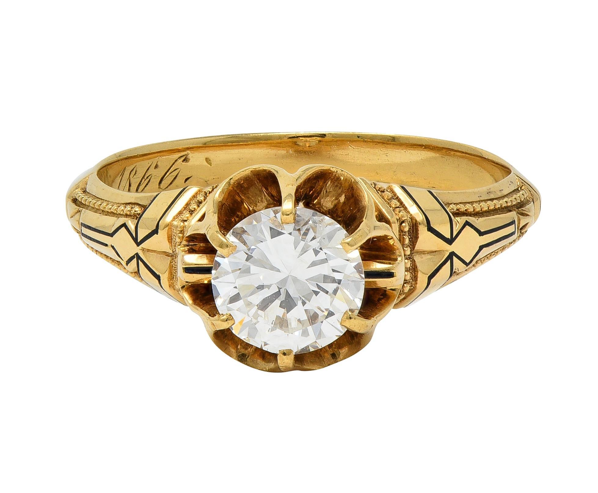 Victorian 1866 0.76 CTW Diamond Enamel 18K Gold Antique Belcher Engagement Ring For Sale