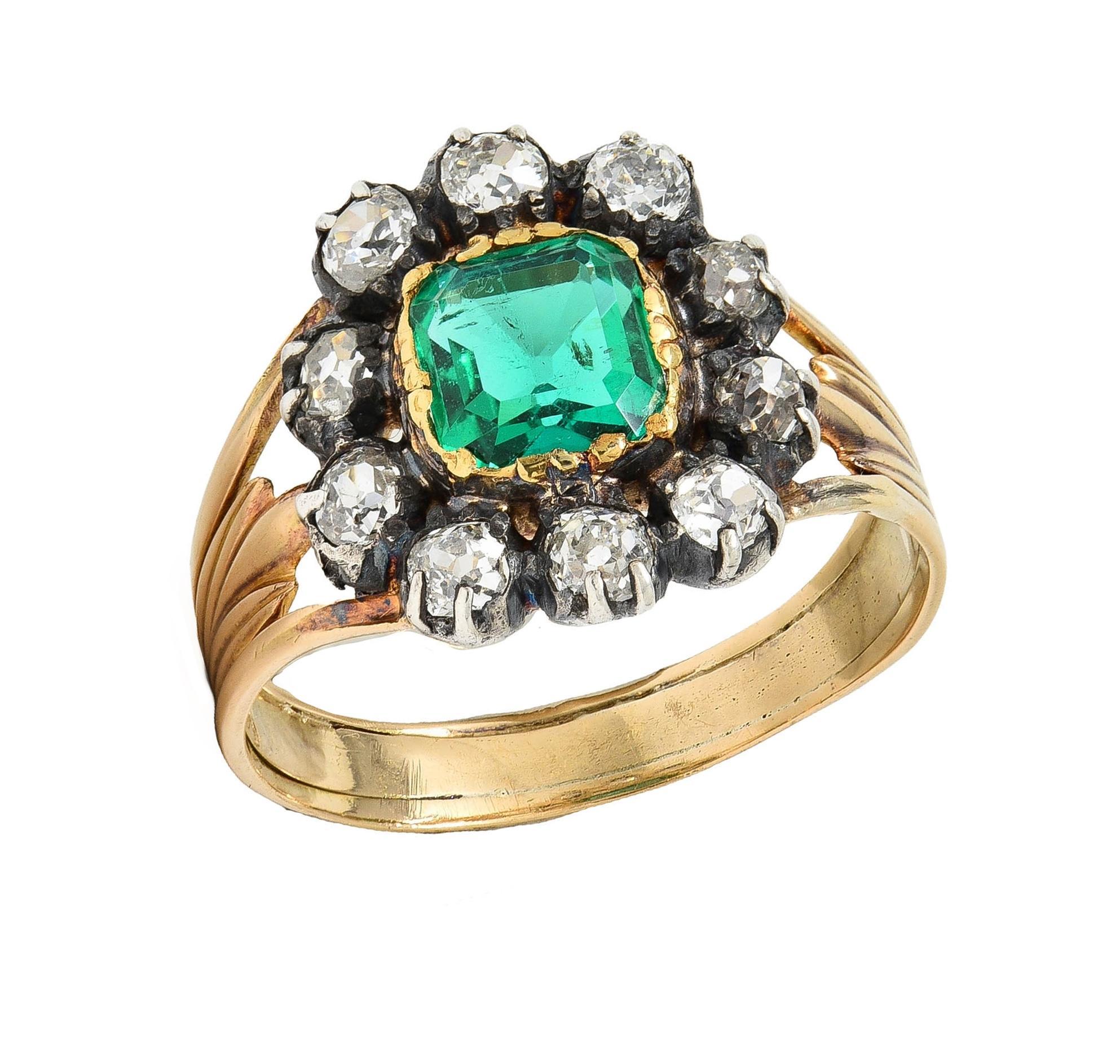 Bague victorienne halo ancienne en or 14 carats avec diamants et émeraude de 1,87 carat, certifiée GIA 5