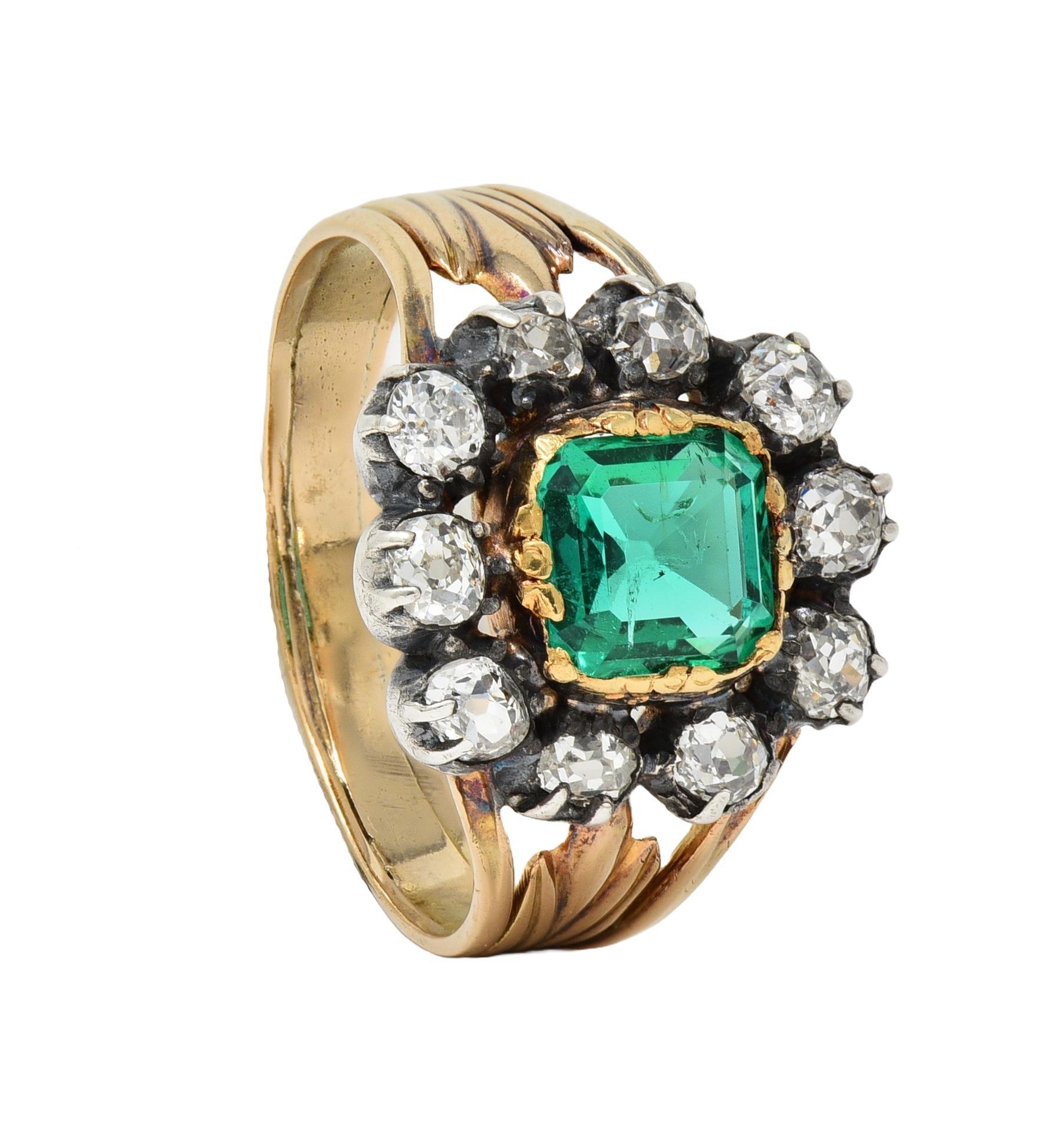Bague victorienne halo ancienne en or 14 carats avec diamants et émeraude de 1,87 carat, certifiée GIA 6