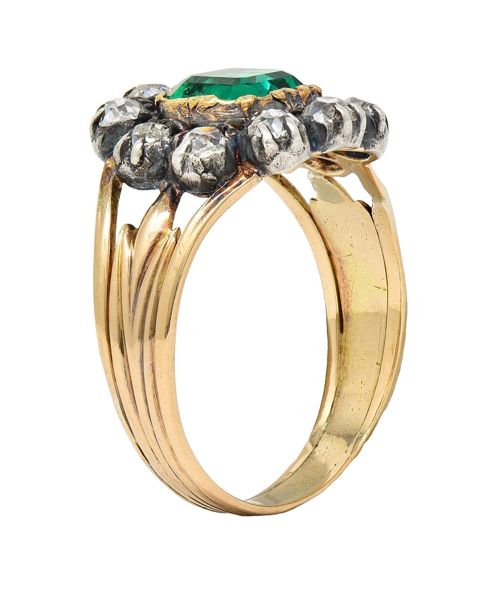 Taille émeraude Bague victorienne halo ancienne en or 14 carats avec diamants et émeraude de 1,87 carat, certifiée GIA