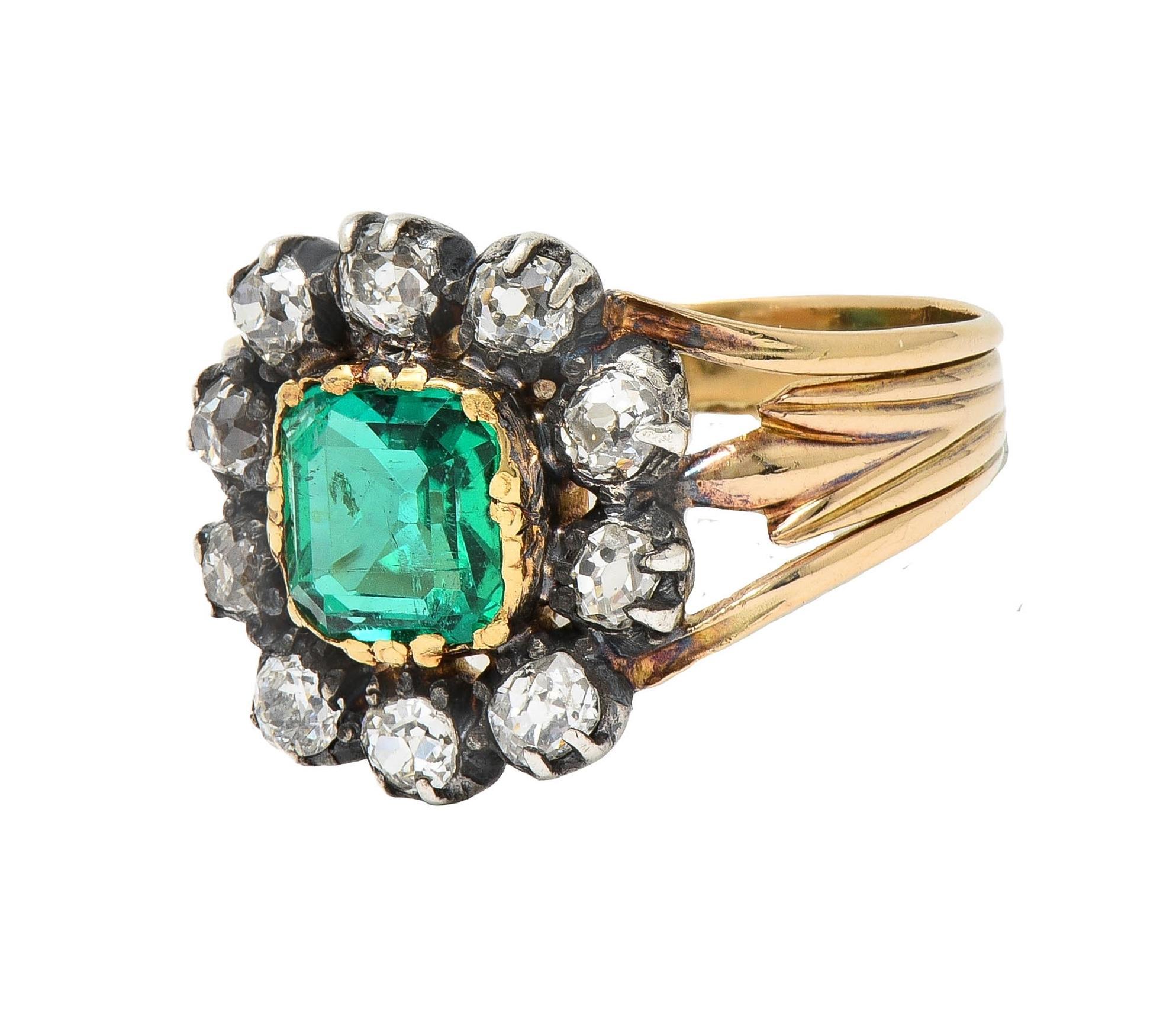 Bague victorienne halo ancienne en or 14 carats avec diamants et émeraude de 1,87 carat, certifiée GIA 1