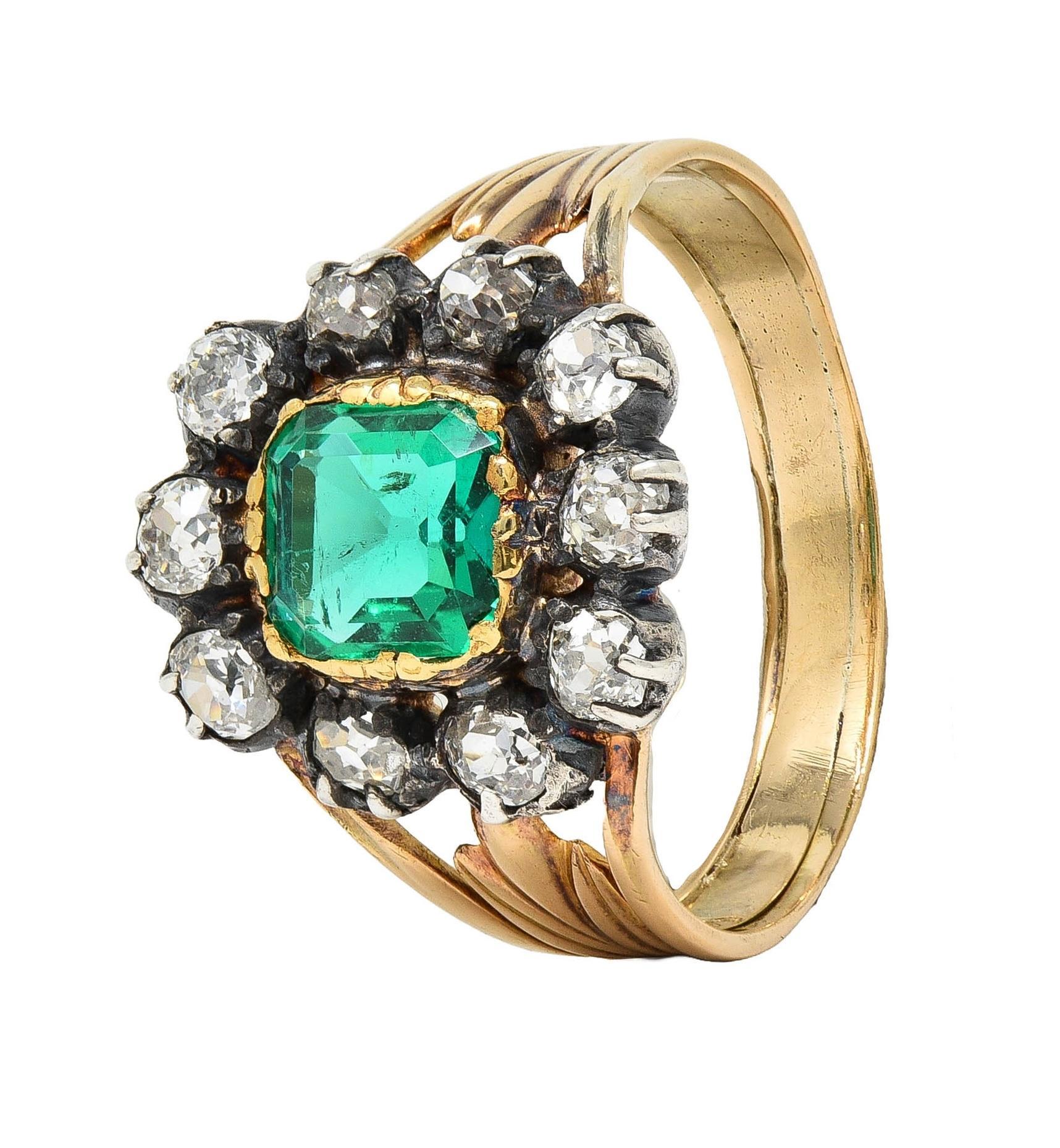 Bague victorienne halo ancienne en or 14 carats avec diamants et émeraude de 1,87 carat, certifiée GIA 3