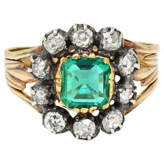 Bague victorienne halo ancienne en or 14 carats avec diamants et émeraude de 1,87 carat, certifiée GIA