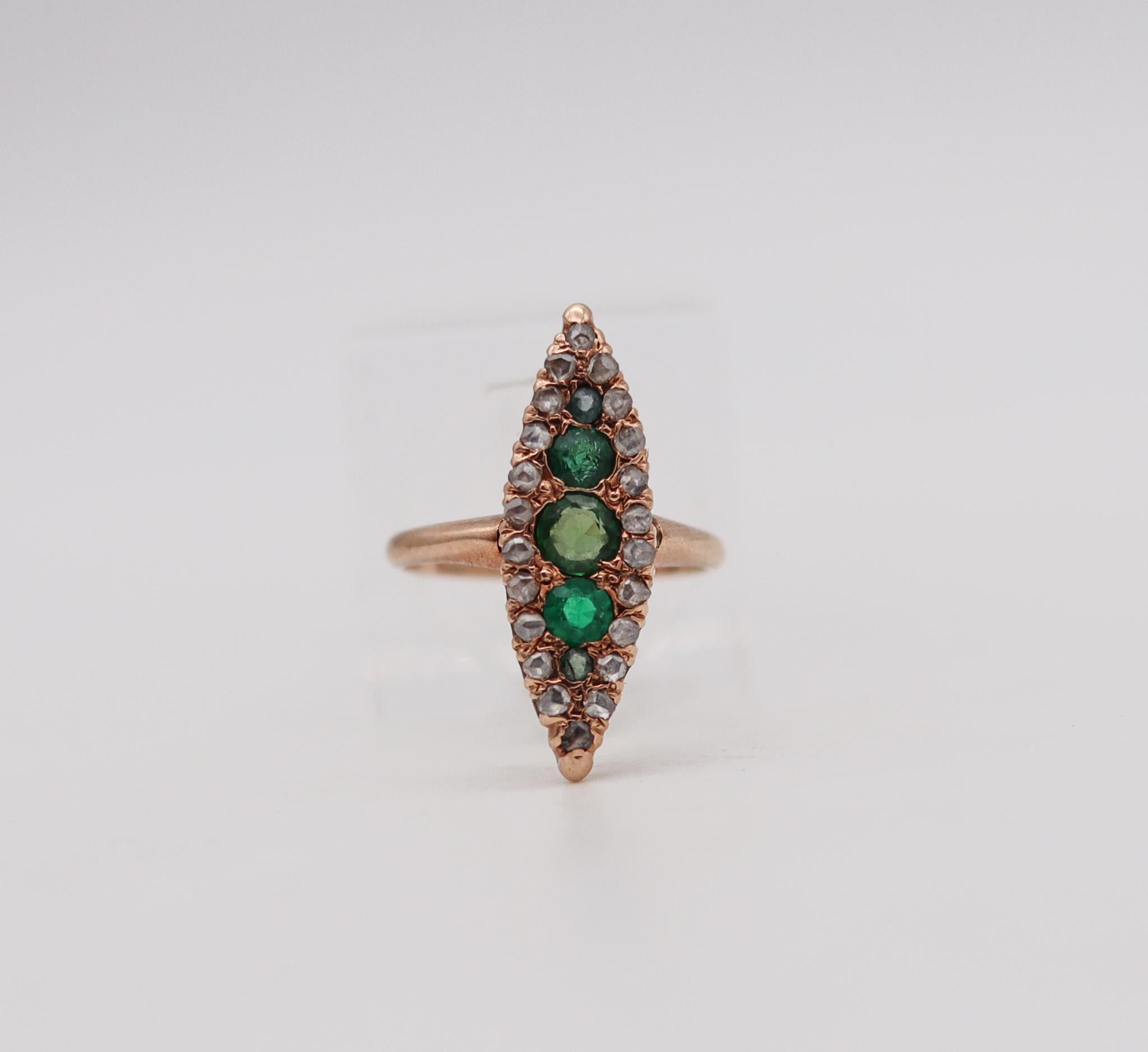 Rose Cut Victorian 1870 Antique Navette Ring In 14Kt Gold With Diamonds And Green Garnets