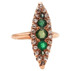 Victorian 1870 Antique Navette Ring In 14Kt Gold With Diamonds And Green Garnets