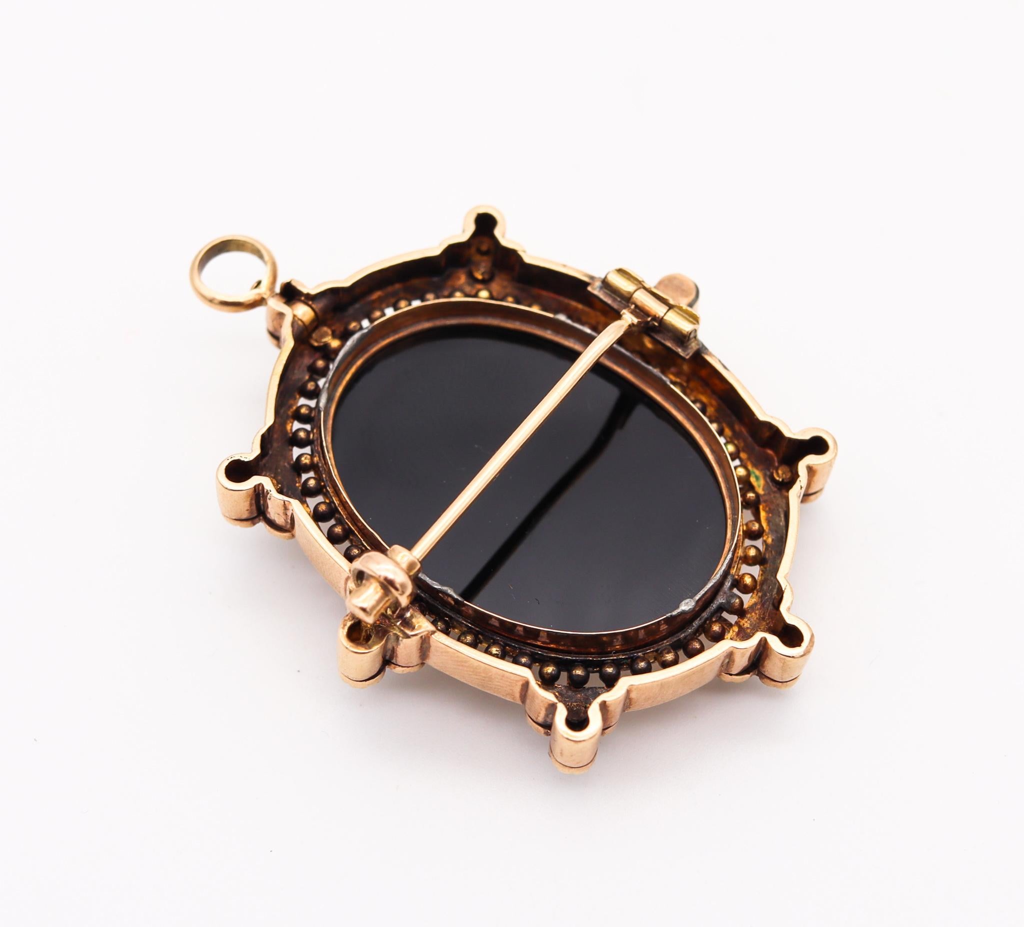 Cabochon Victorian 1870 Etruscan Revival Agate Cameo Pendant In 15KT Gold Natural Pearls